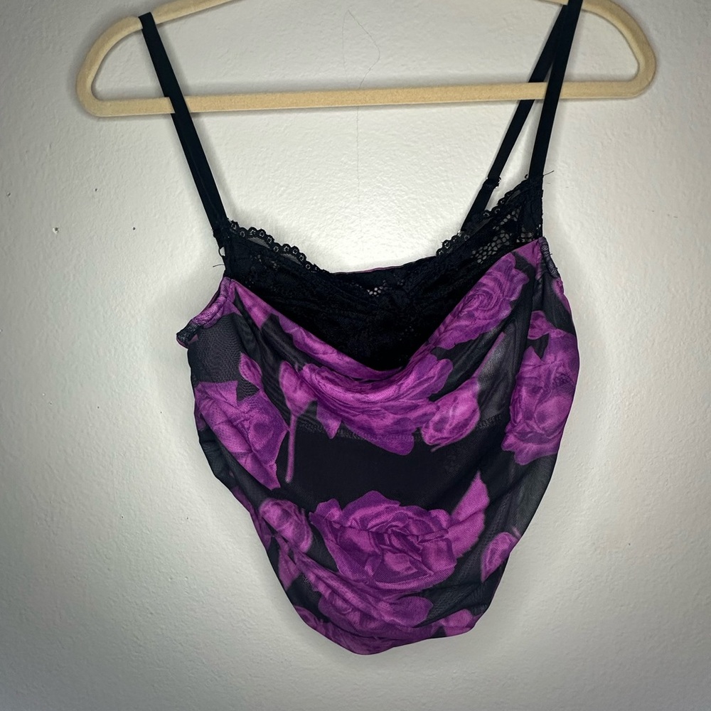 Floral Cowl Neck Chemise with Lace Trim - Purple Rose